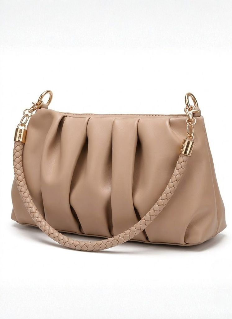Pleated Faux Leather Hobo Bag Woven Handle
