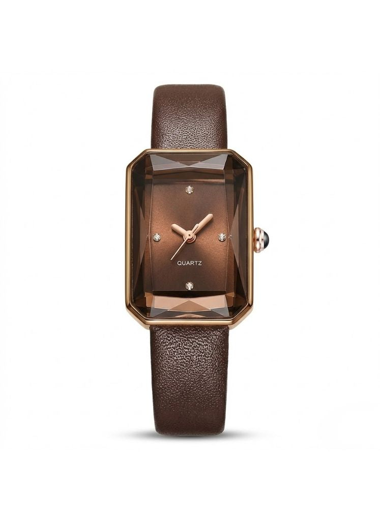 Brown Leather Watch Rectangular Faceted Crystal Face